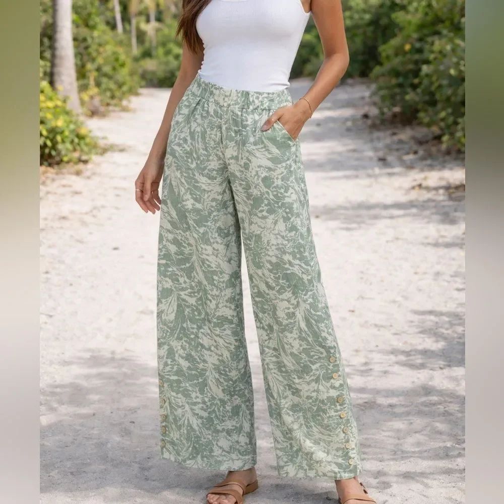 Soft Surroundings Oceo Gauze Wide Leg Pant Green Milieu Marble M